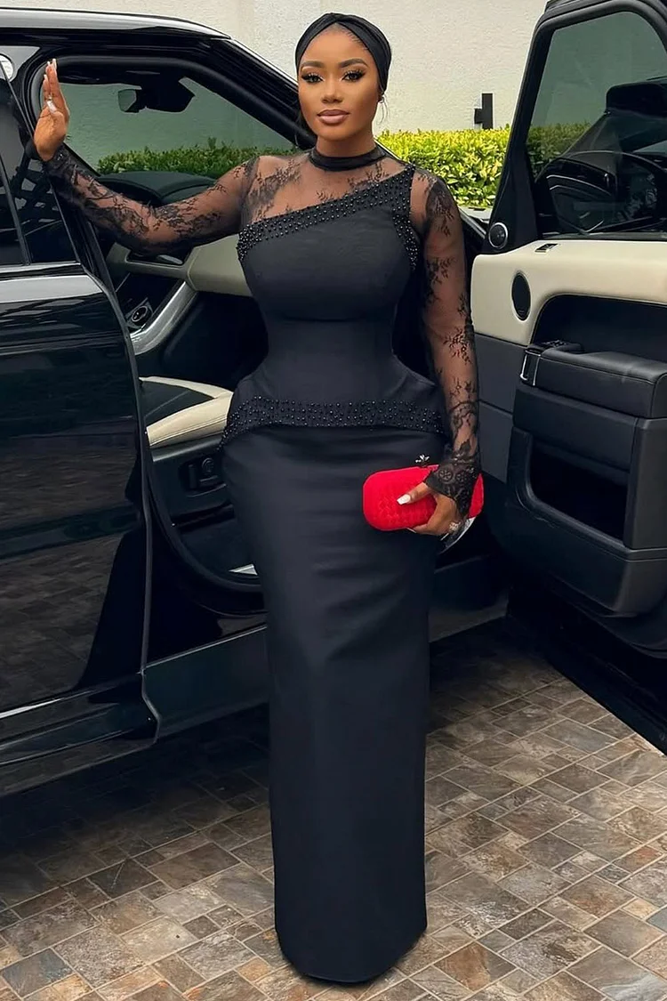 Lace Patchwork Peplum Top Bodycon Party Maxi Dresses-Black [Pre Order]