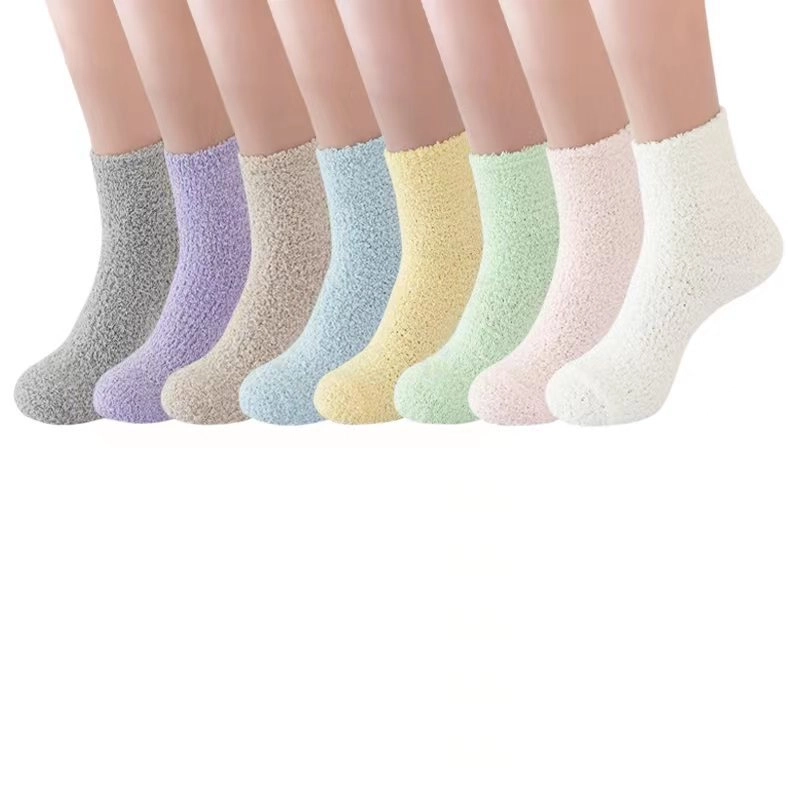 Women Slippers Socks Fluffy Plush Home Sleeping Socks Coral Fleece Socks Candy Color Mid-tube Socks