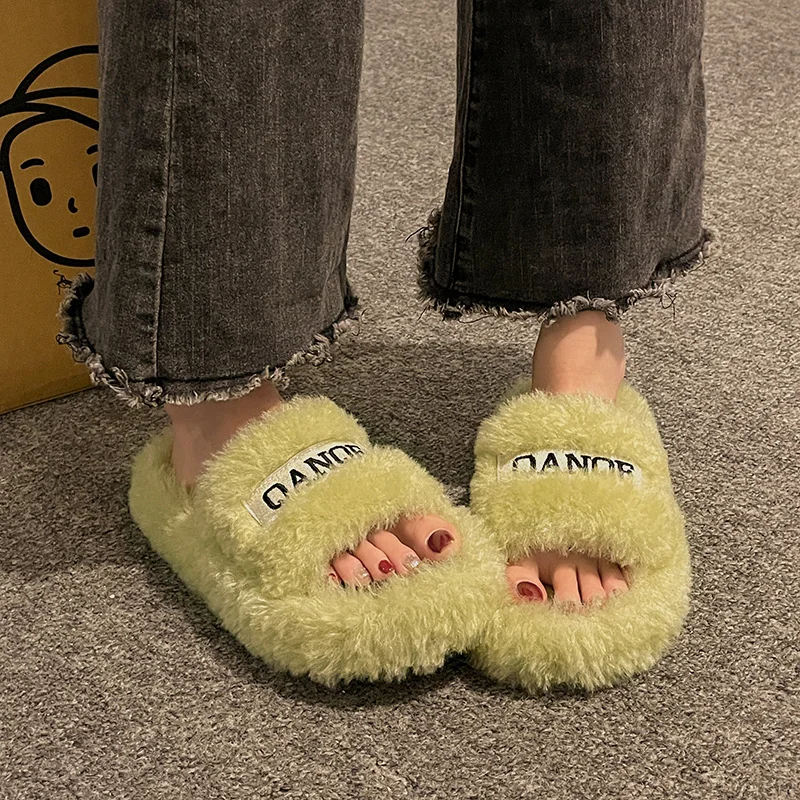 Yyvonne Plush Slippers Women Wear High-Level Spring And Autumn Leisure Home Thick Embroidery A Word Hairy Slippers