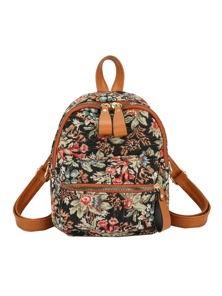 Preppy Style Women Flower Printing Canvas Backpack Small Handbags (Brown)