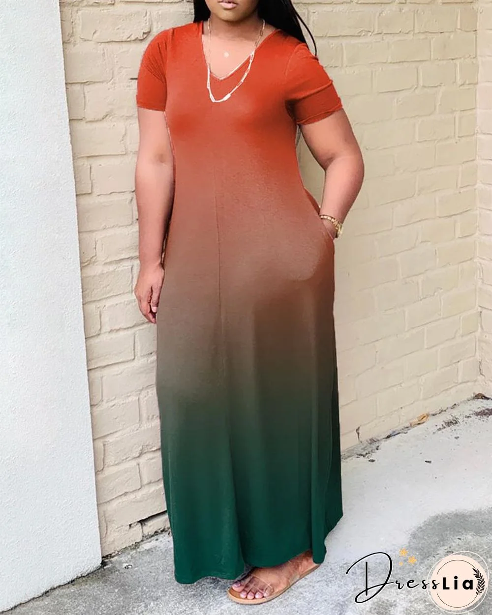 Ombre Colorblock Short Sleeve Pocket Design Maxi Dress