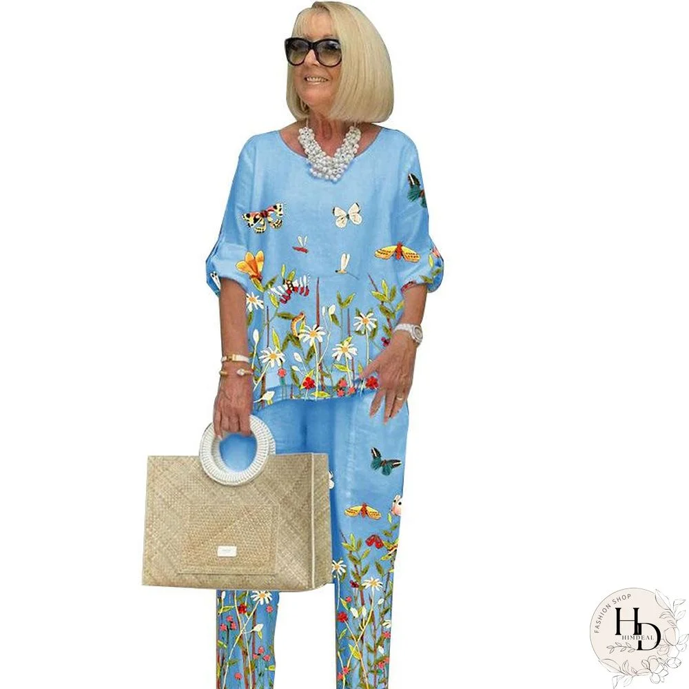 Crew Neck Women Flower And Butterfly Print Set