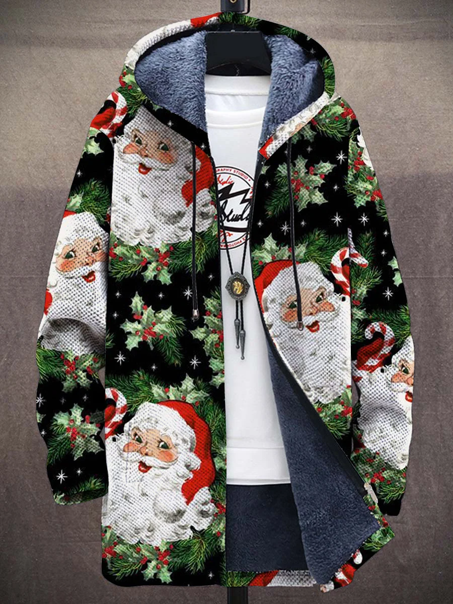 Unisex Christmas Cute Santa Decorations Art Pattern Plush Thick Long-Sleeved Sweater Cardigan Coat