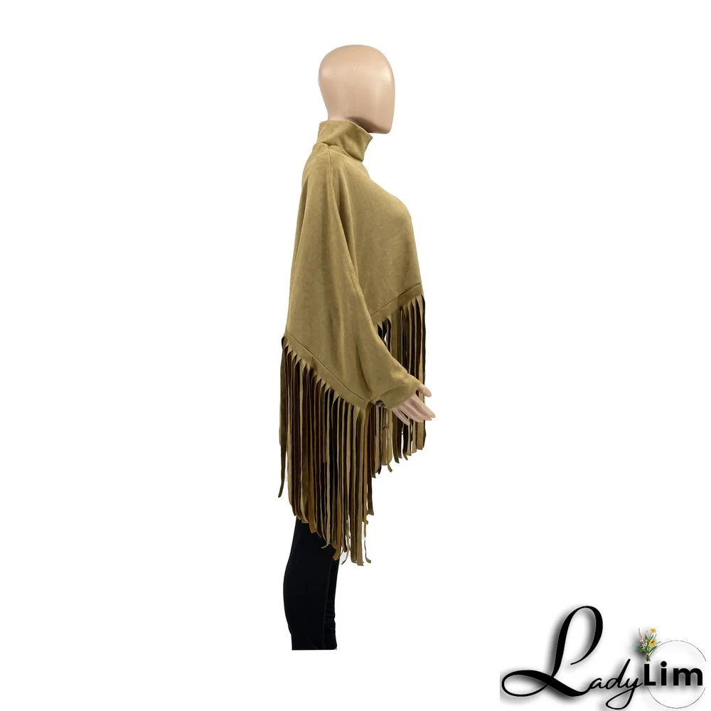 Women Autumn/Winter Premium Deerskin Fleece Fringe Shawl Cape Coat