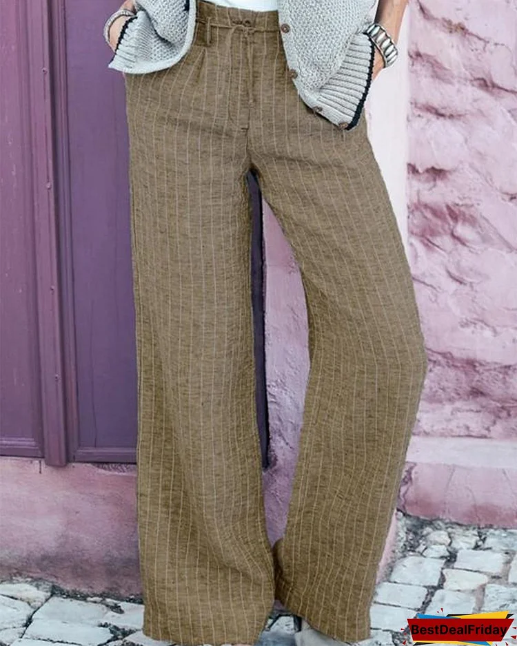 striped print paneled side pockets self tie casual wide leg pants p388020