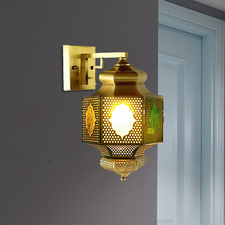 Arab Lantern Sconce Lighting 1 Head Metallic Wall Mount Lamp in Brass for Hallway