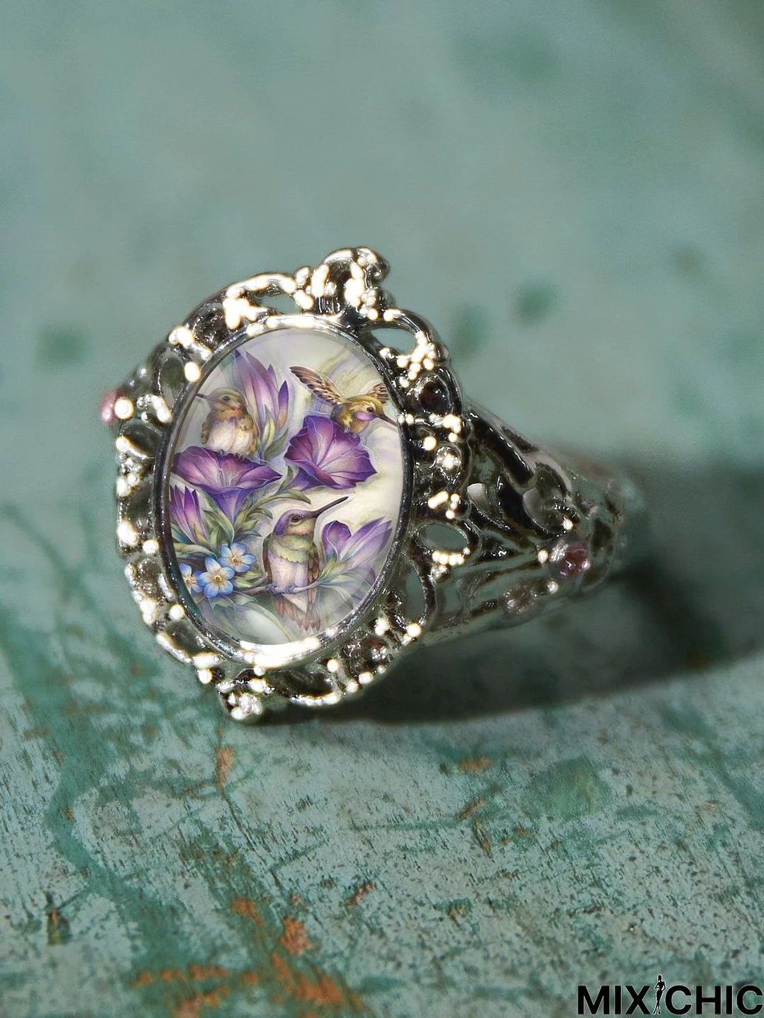 Vintage Hummingbird Floral Time Stone Ring Bohemian Ethnic Jewelry