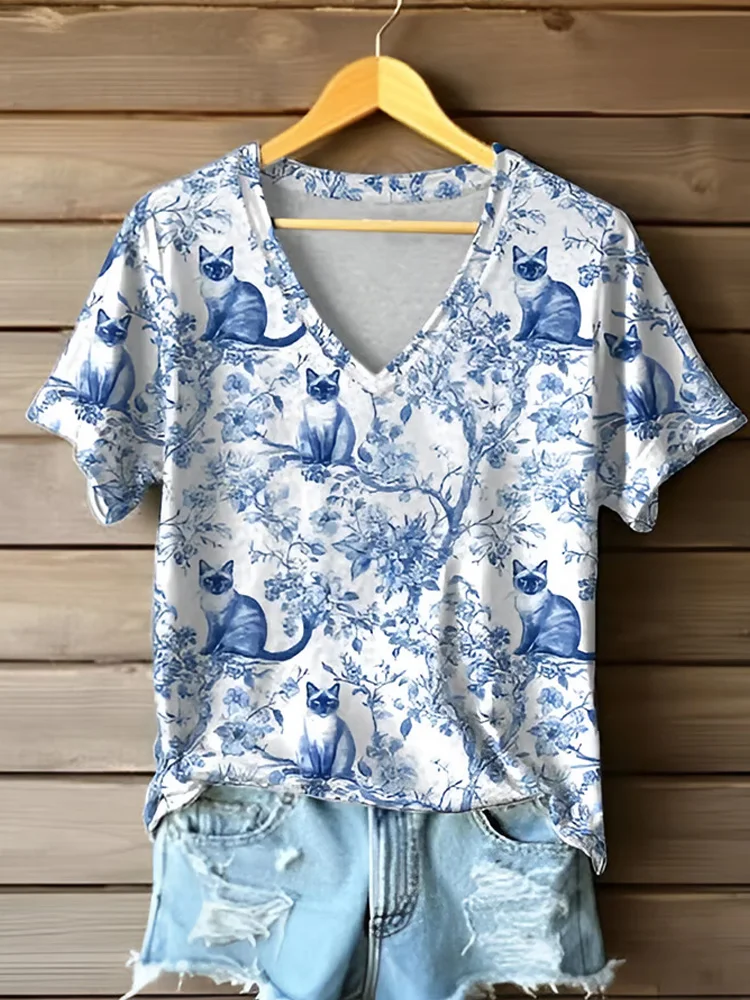 Utbros Women's Retro Animal Cat Realistic Graphic Print Short Sleeve T-shirt