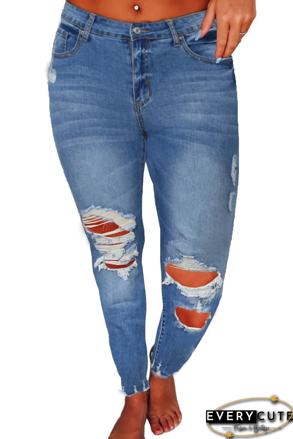 Raw Cut Frayed Hem Medium Wash Jeans