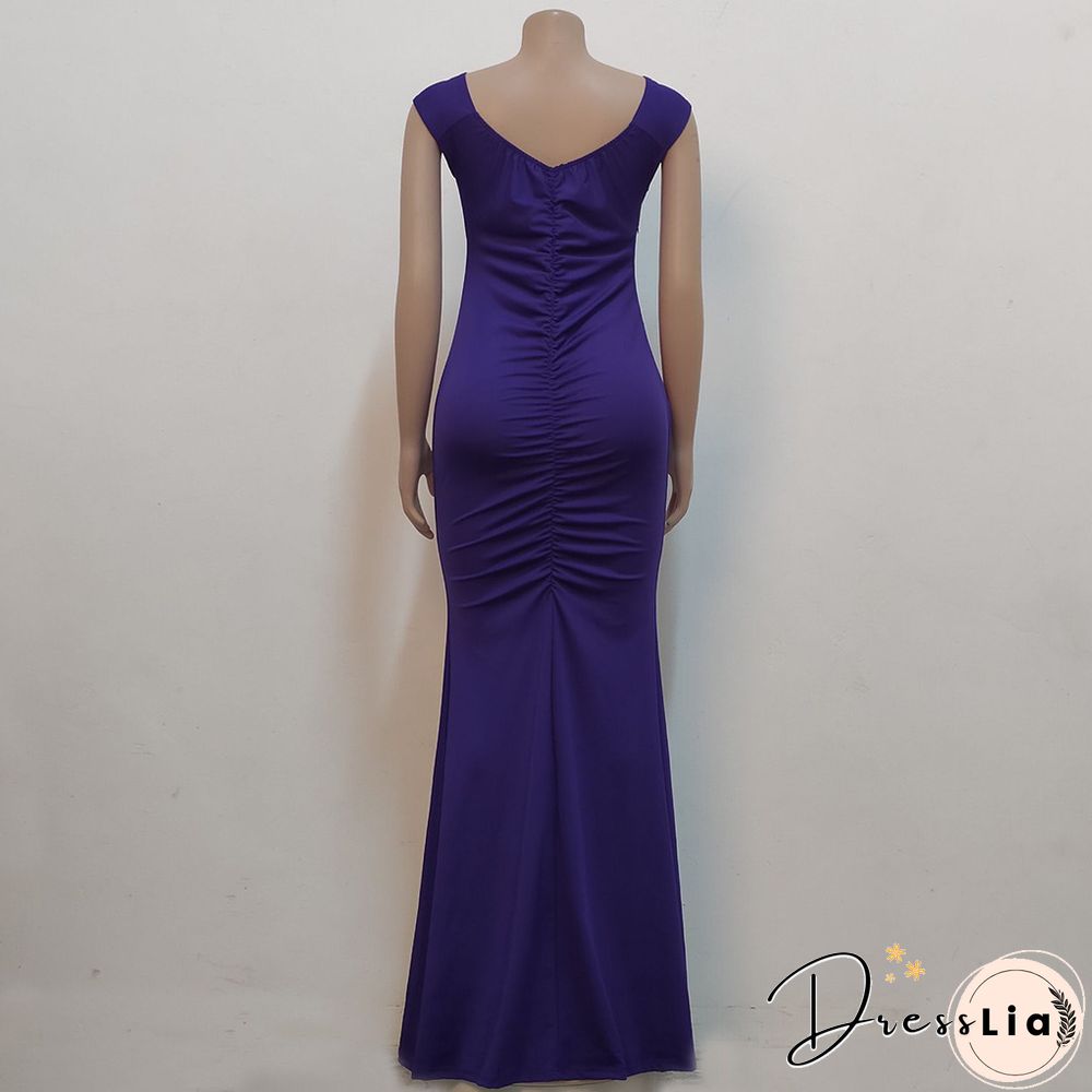 Low Cut Slash Neck Ruched Split Maxi Cocktail Dresses