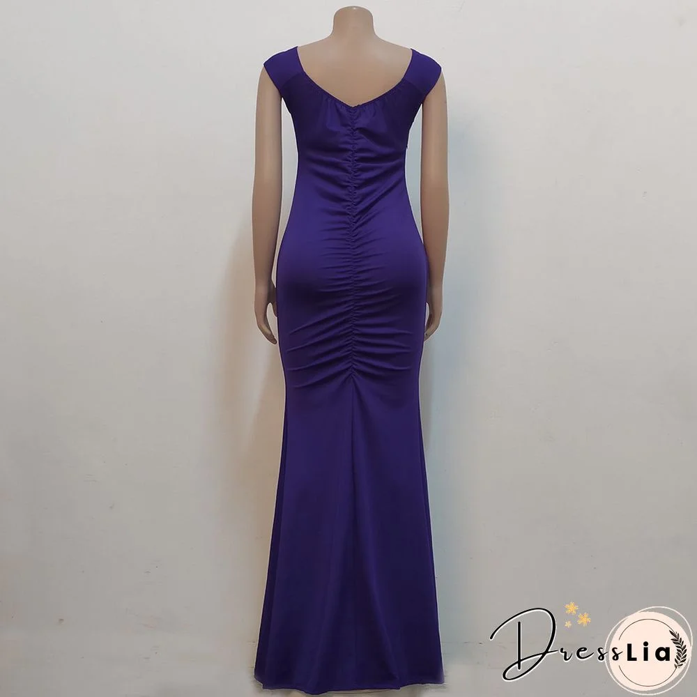 Low Cut Slash Neck Ruched Split Maxi Cocktail Dresses