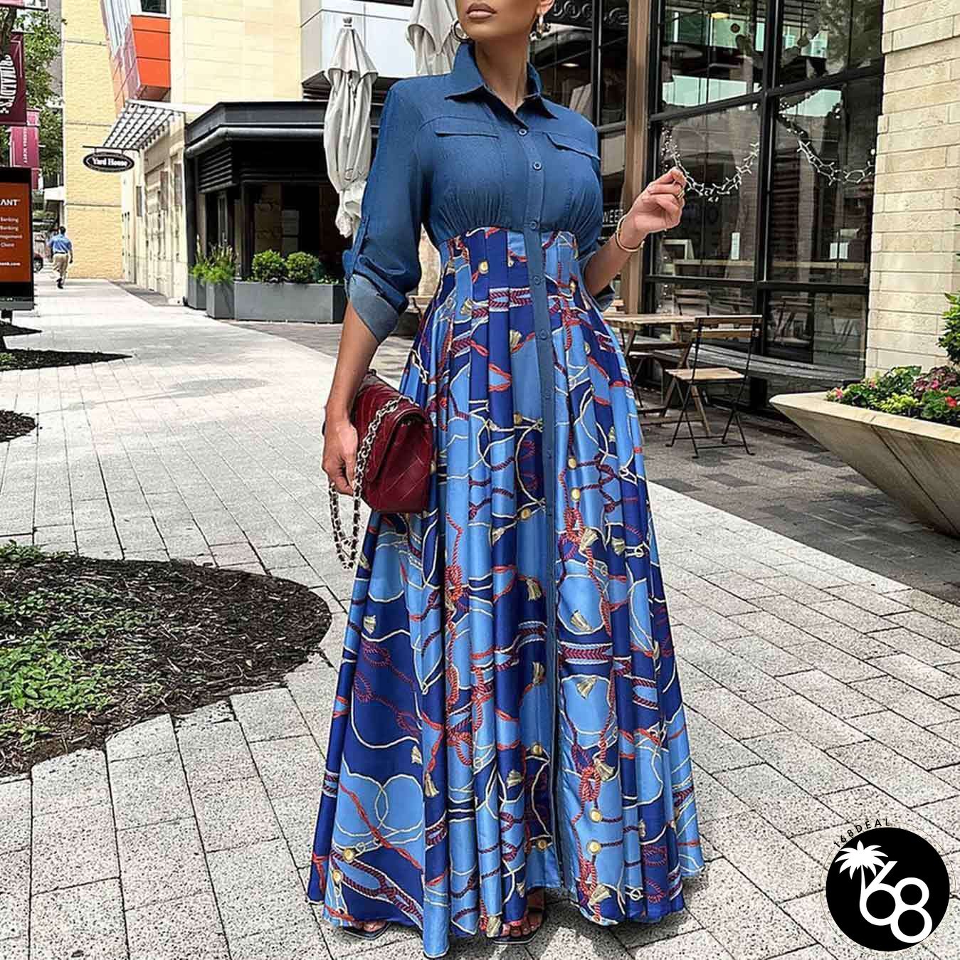 contrast print brocade shirt-neck maxi dress | 168DEAL