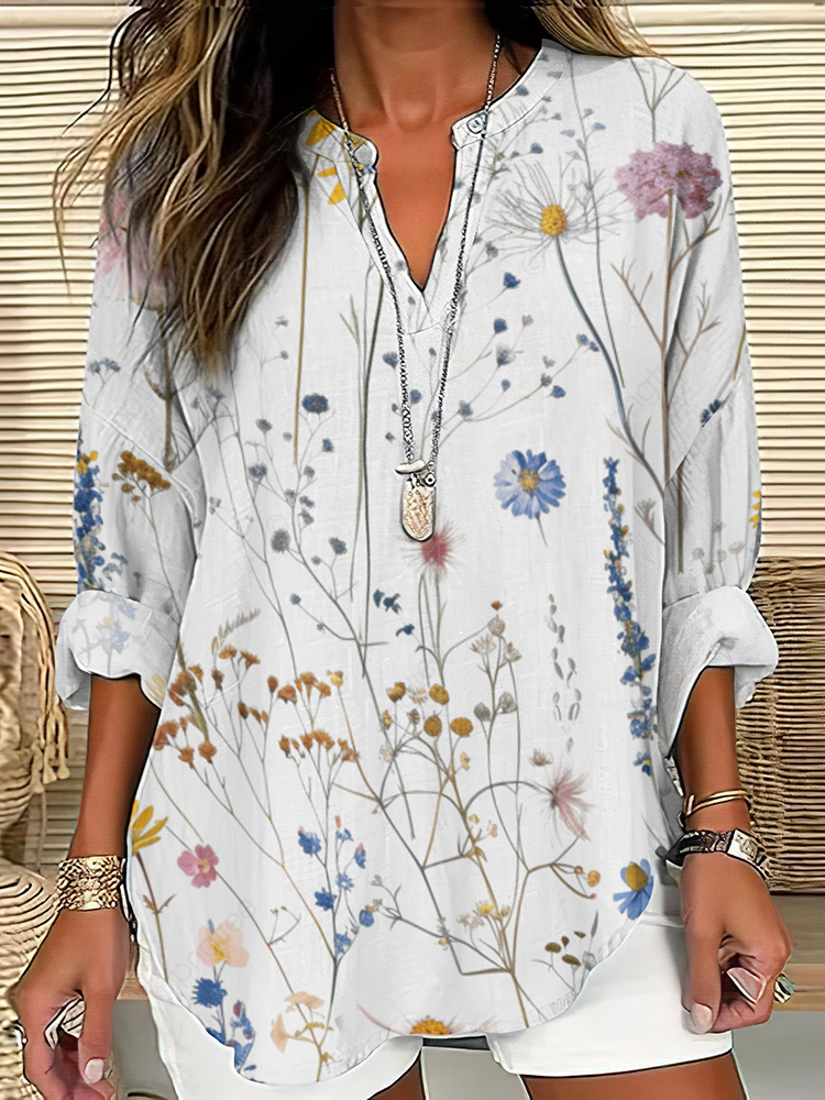 Comstylish Vintage Floral Art Print Linen Blend Tunic