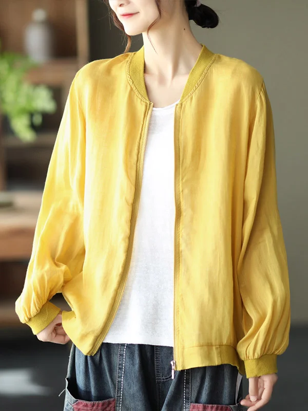Ramie Cotton Zipper Pure Color Sun-Protection Long Sleeve Outerwear