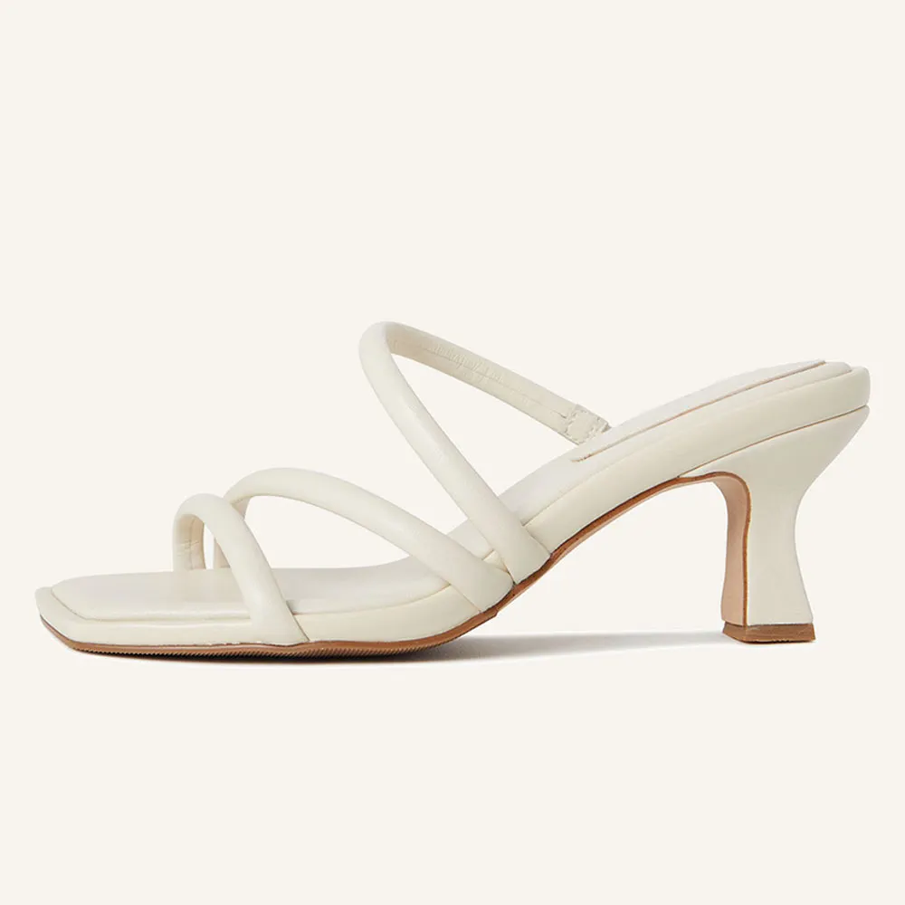 Ivory Open Square Toe Strappy Kitten Heel Simple Mules Sandals