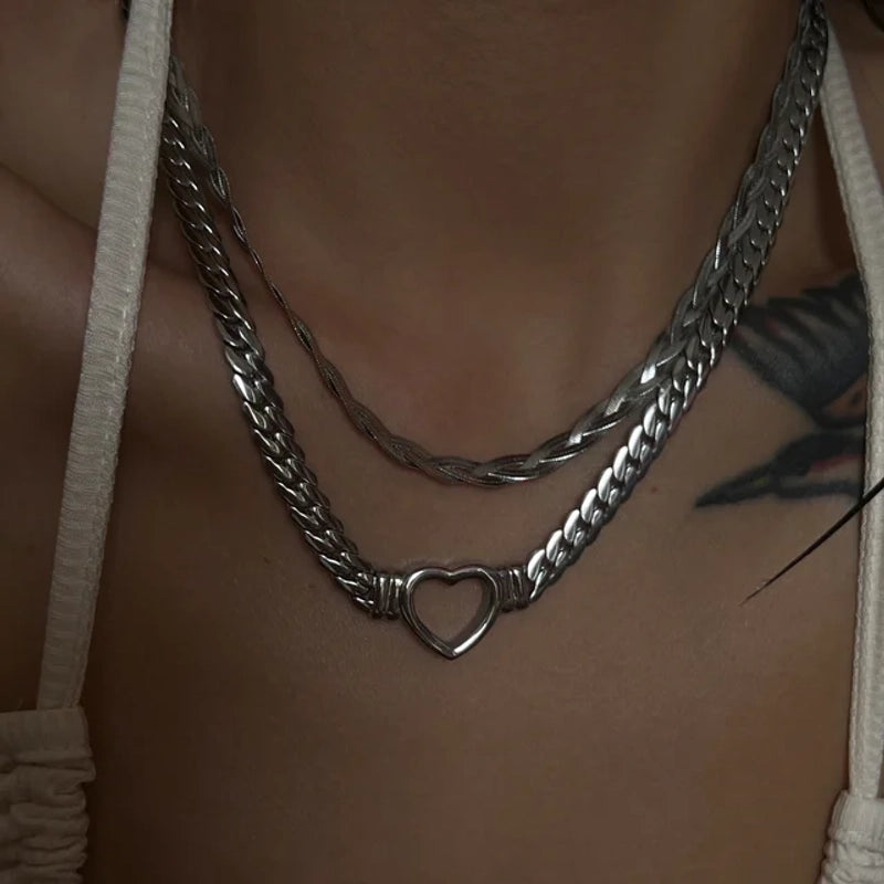 304 Stainless Steel 18K Gold Plated Exaggerated Plating Heart Shape Layered Necklaces