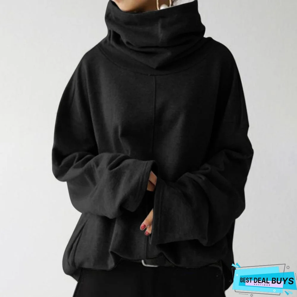 Women's Loose Urban Leisure Casual Long Sleeves Turtleneck Pullover Solid Color Pocket Coat