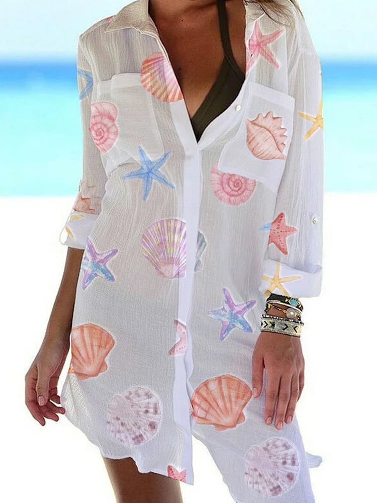 Women's Watercolor Shells And Starfish Pattern Casual Dress Shift Dress Mini Dress