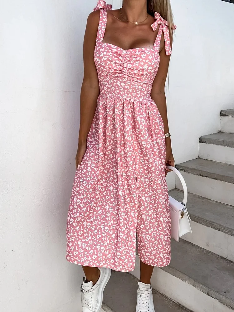 Sexy Floral Print Sleeveless Camisole Bohemian Slash Neck Beach Party Midi Dress