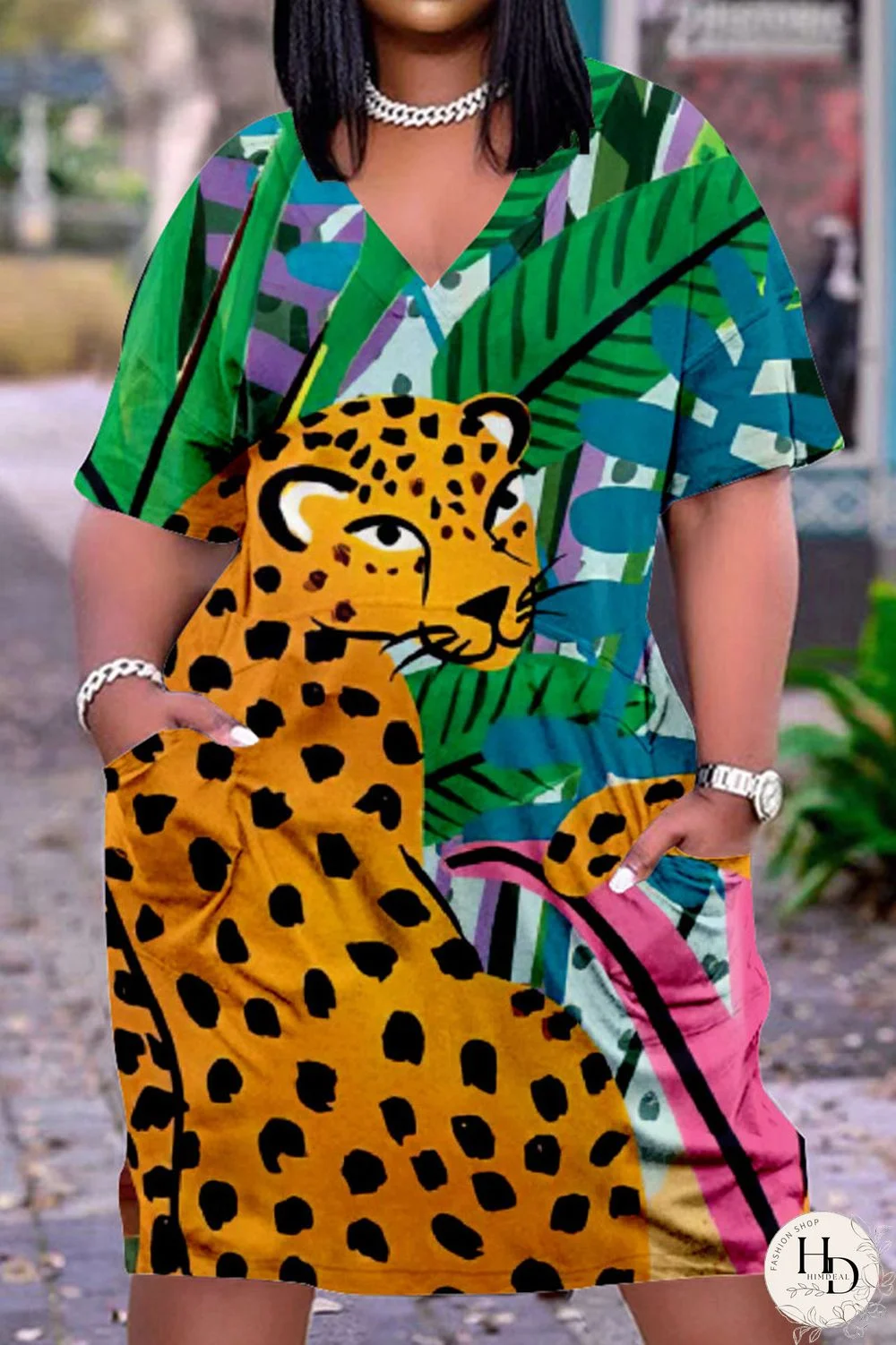 Purplish Blue Fashion Casual Print Basic V Neck Short Sleeve Dress