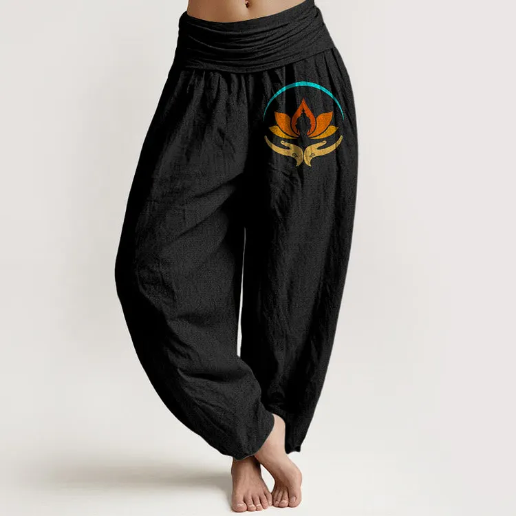 Lotus Buddha Symbol Pattern Elastic Waist Women's Harem Pure Cotton Pants