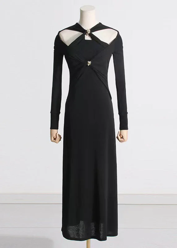 Italian Black Hollow Out Patchwork Cotton Long Dress Fall