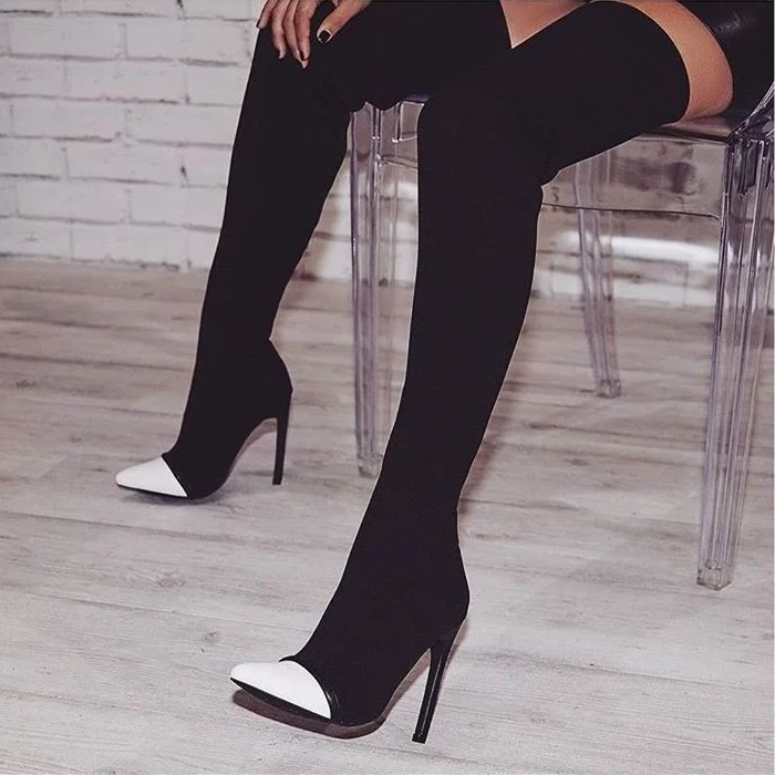 Black and White Thigh High Stretch Boots with Stiletto Heel Vdcoo