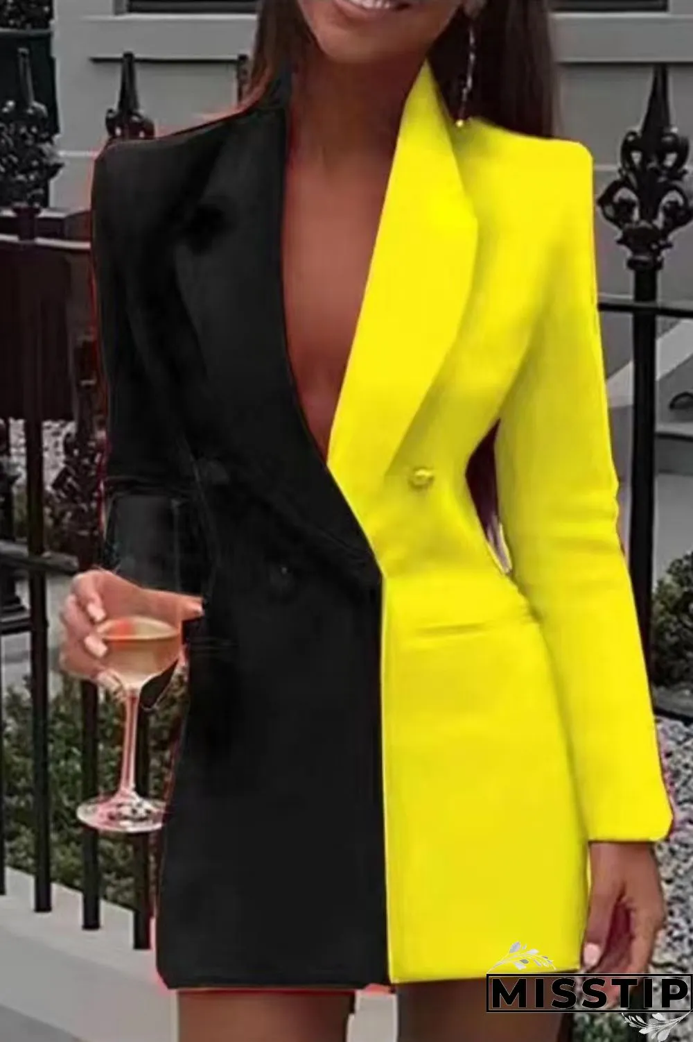 Yellow Casual Solid Patchwork V Neck Long Sleeve Dresses