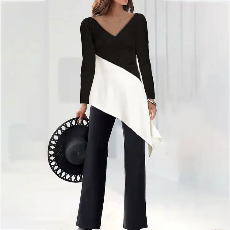 Casual Loose Elegant Long-Sleeved V-Neck Color Matching Set