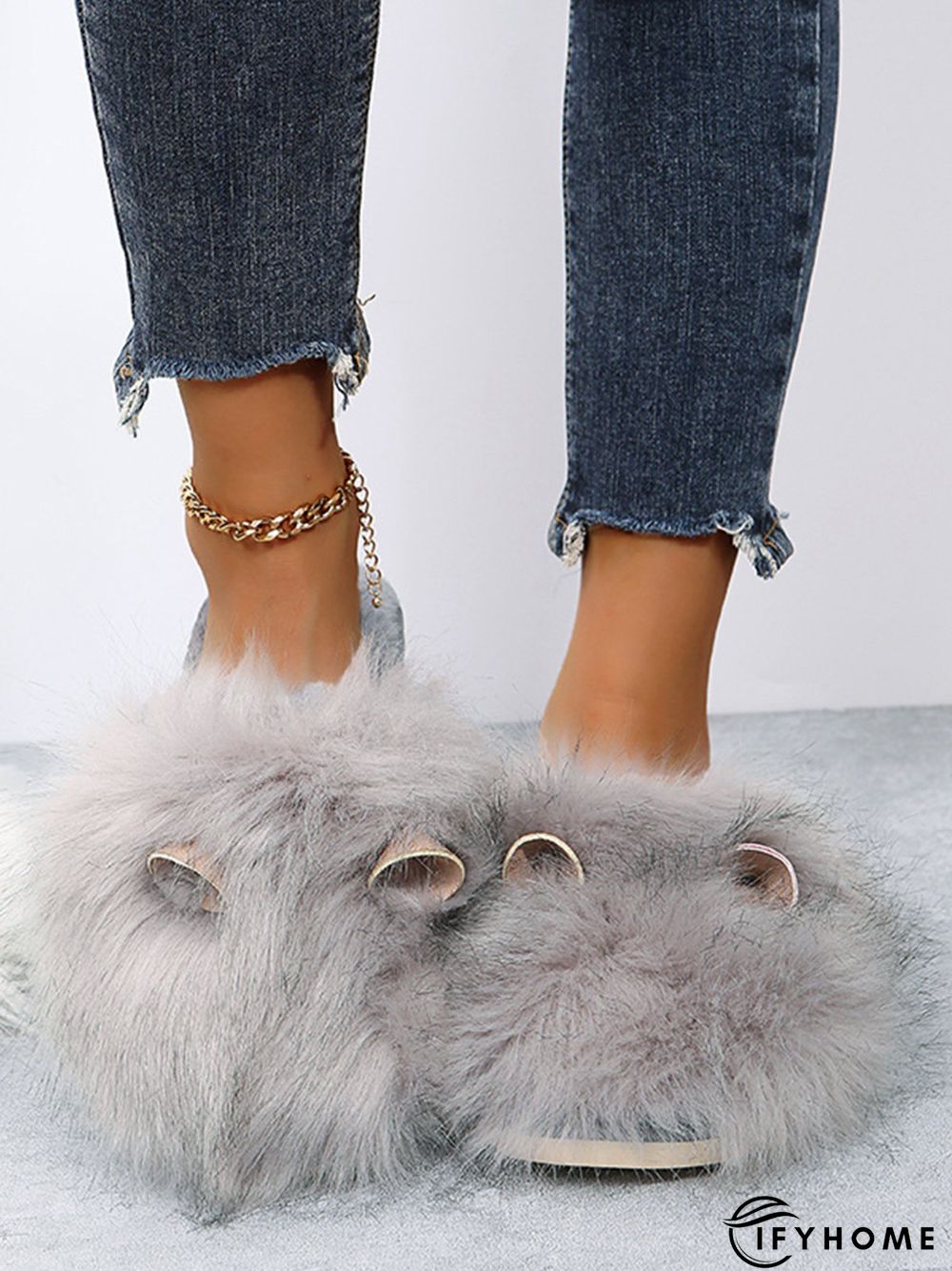 Cute Cat Ears Mohair Warm Fleece Indoor Slippers | IFYHOME