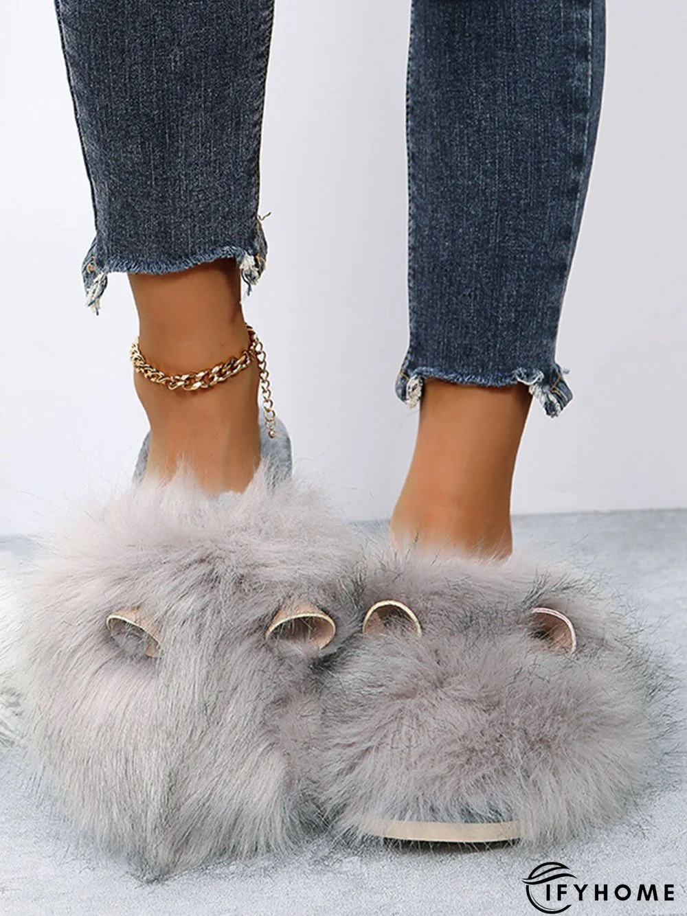Cute Cat Ears Mohair Warm Fleece Indoor Slippers | IFYHOME
