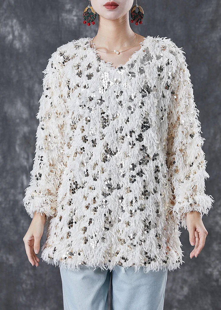 Modern Beige Sequins Thick Knit Pullover Winter