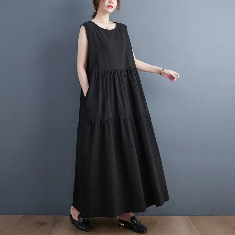 Vintage Cotton And Linen Solid Color Sleeveless Maxi Dress - yankia