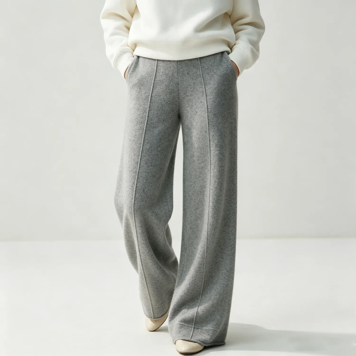 Cashmere Wool Blend Knit Pants Pleated High Waist Straight Leg Daily Style REAL SILK LIFE