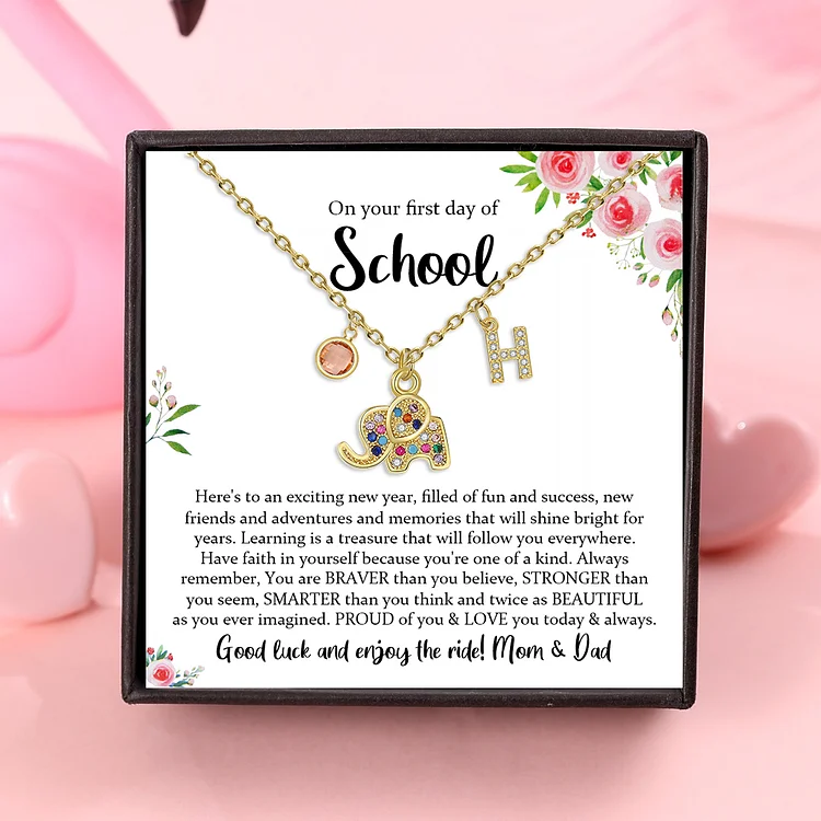 Back To School Personalized Elephant Necklace Custom Birthstone and Initial Necklace