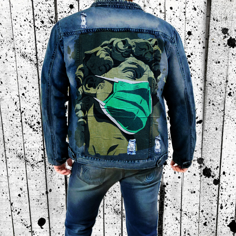 Mask Men Embroidery Streetwear Men's Hip Hop Jeans Blue Denim Jackets-VESSFUL