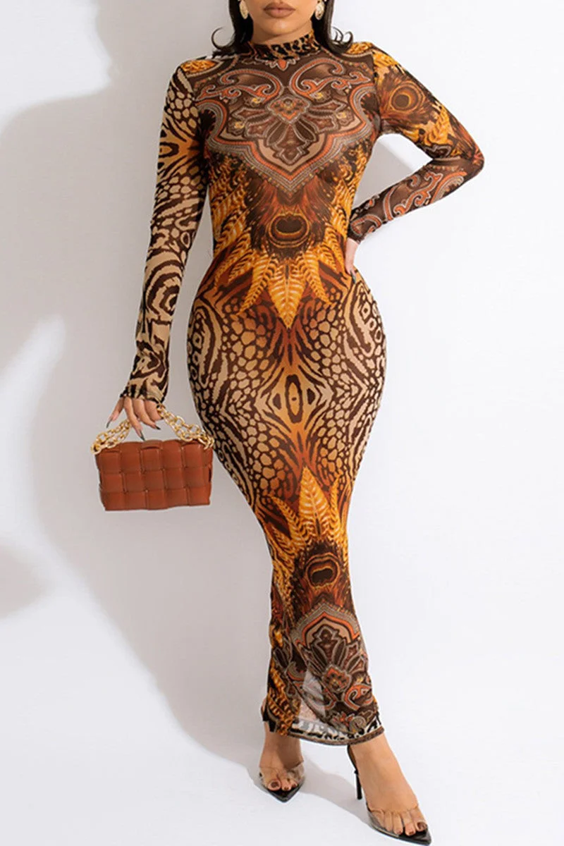 Fashion Sexy Print Bandage Backless Half A Turtleneck Long Sleeve Dresses