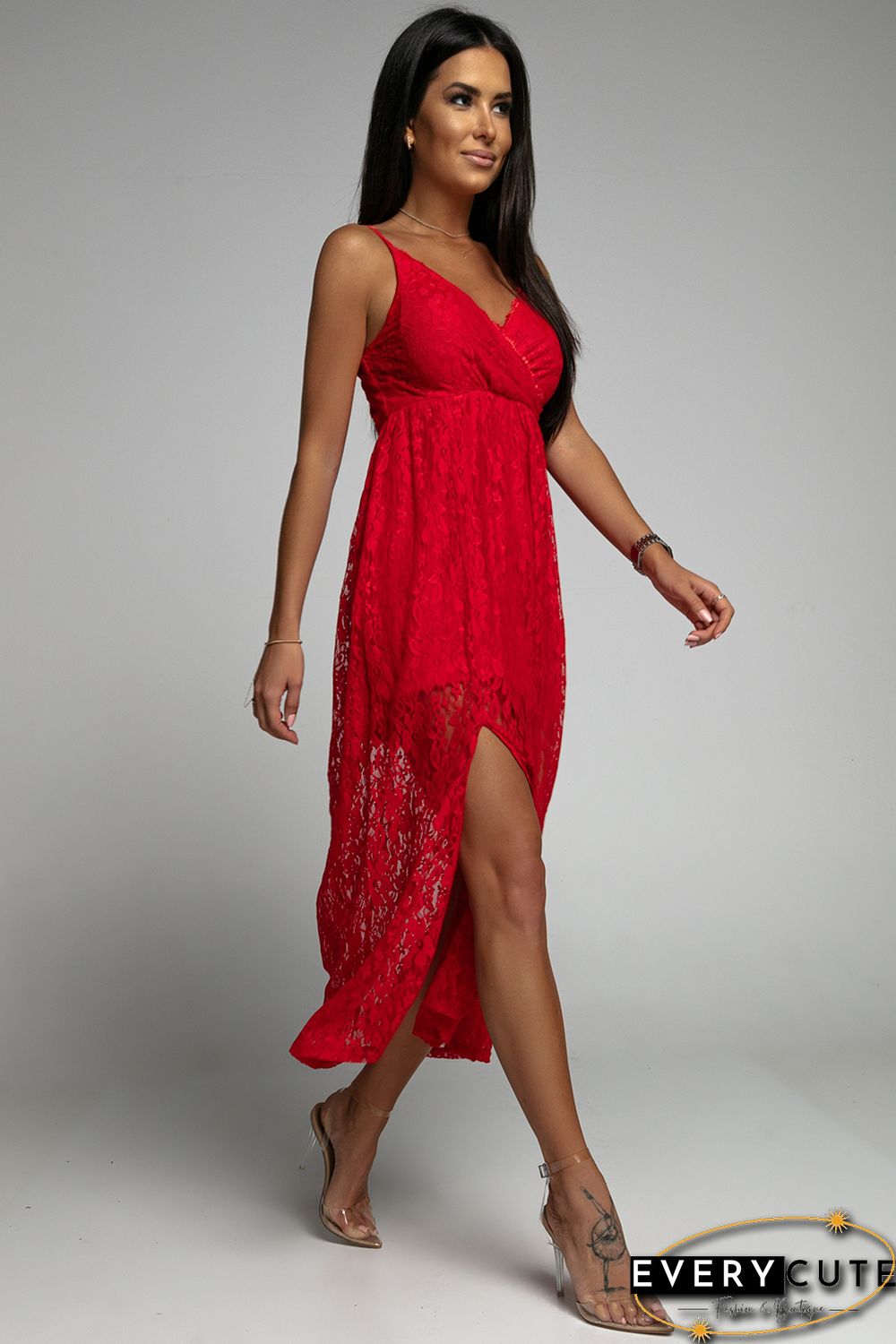 Red Lace V Neck Wrap Spaghetti Straps Maxi Dress