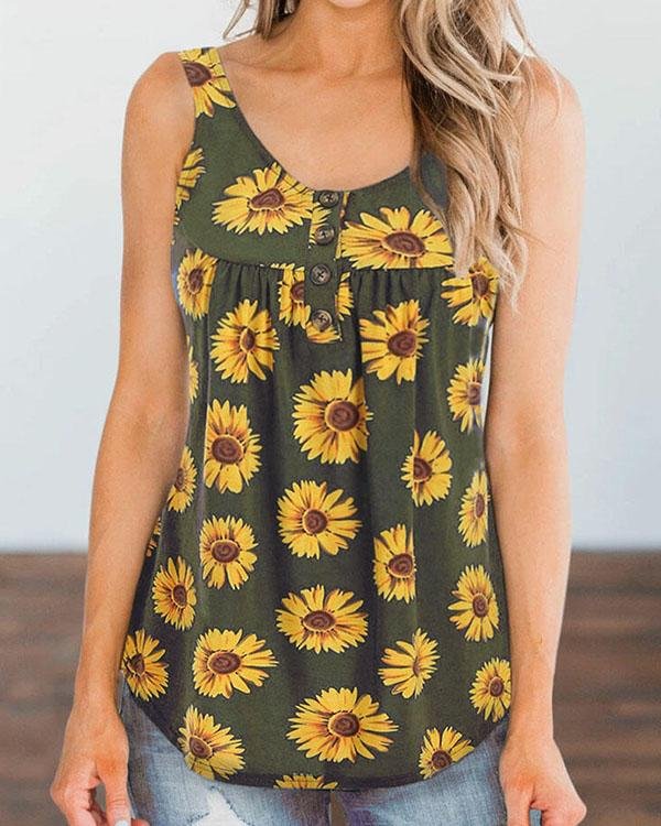 Plus Size Round Neck Button Decor Sunflower Print Tank Tops - Chicaggo