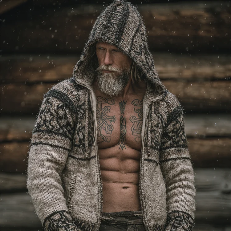 Men's Vintage Viking Celtic Cozy Heather Hooded Cardigan