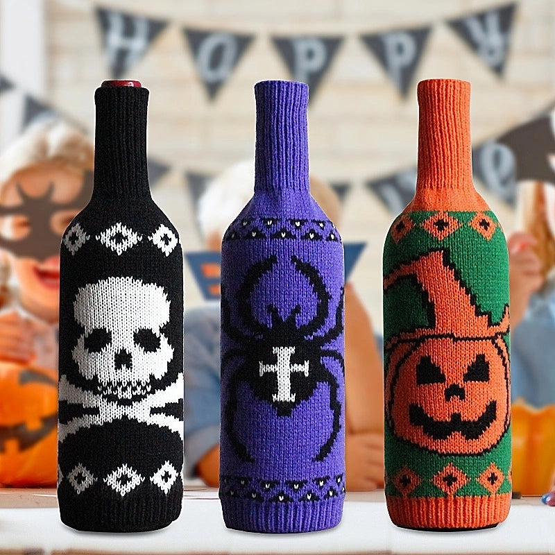 Vintage Skull Pumpkin Knitted Wine Bottle Cover Table Halloween Decoration