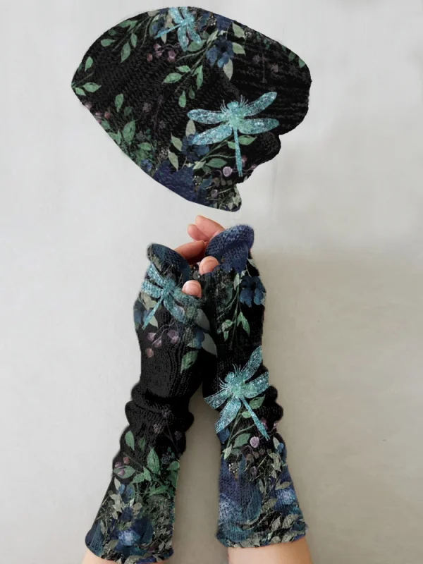 （Ship within 24 hours）Vintage print knitted hat + fingerless gloves set