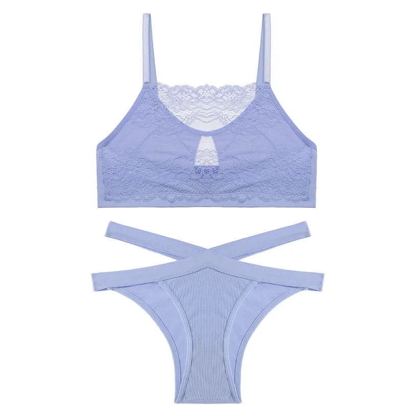 FINETOO Lace Hollow Out Bra Set Women Sexy Wireless Tops Soft Brazilian Panties Fashion Tube Top Low Waist Underpants Lingerie