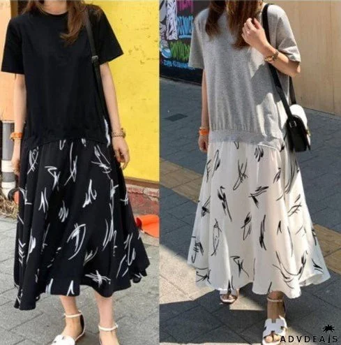 Casual Plus Size Female Stitching Printing Dress for Summer