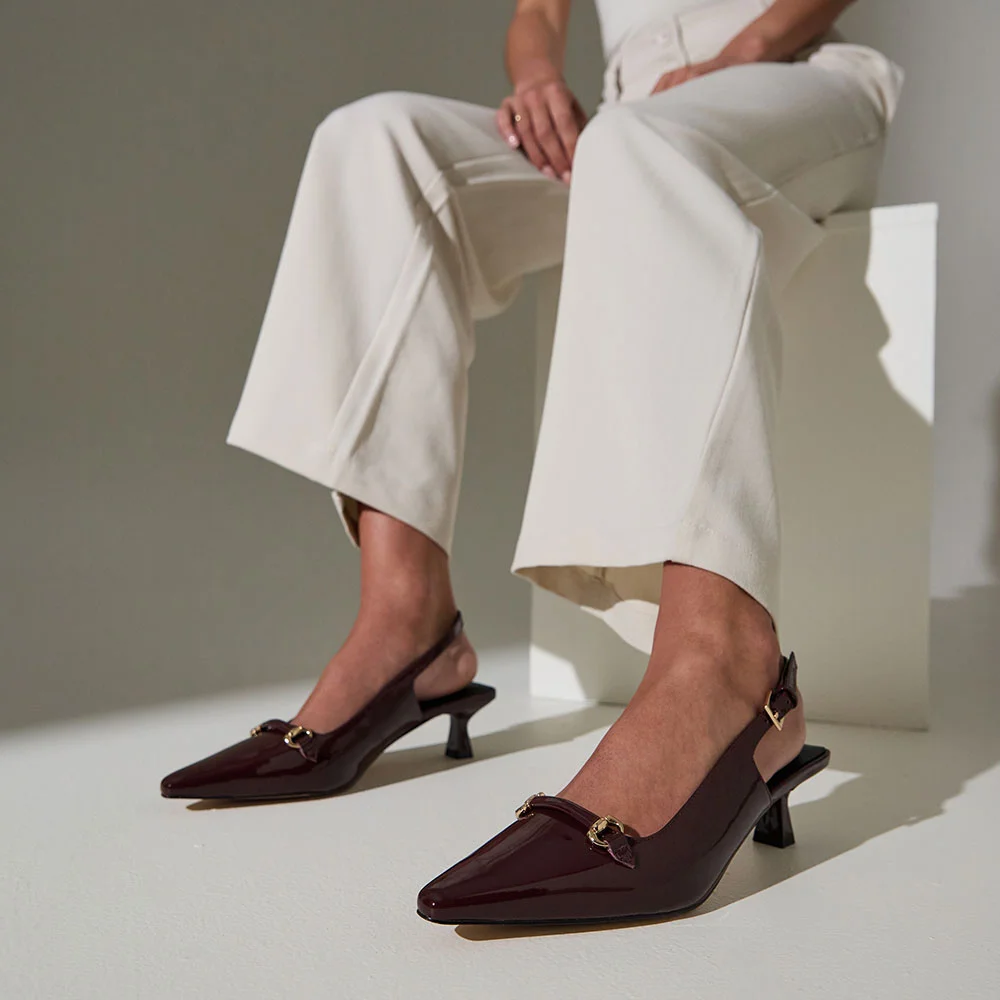 Maroon Patent Leather Pointed Toe Horsebit Decor Slingback Heels