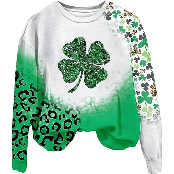 TARIENDY St Patricks Day Shirt Women Long Sleeve Irish Clover Shamrock Graphic Green Crewneck Sweatshirt Tees Tops Pullover A-green Small