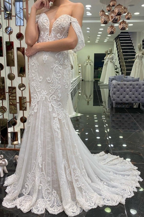Bellasprom Brilliant Long Mermaid Wedding Dress With Tulle Lace Off-the-shoulder