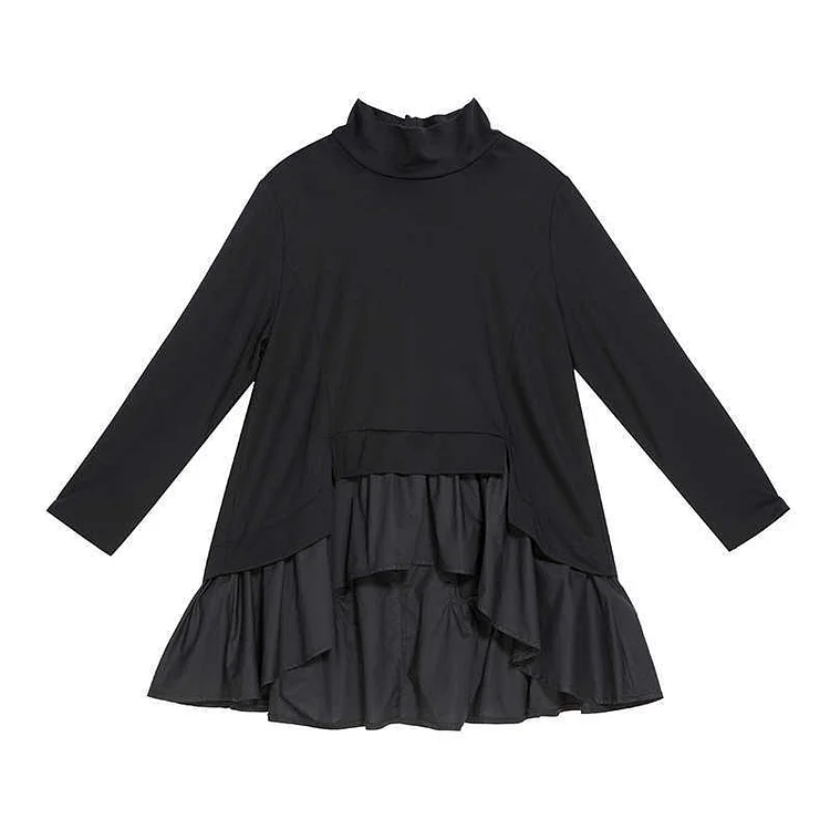 Urban Loose Black High Collar Asymmetrical Patchwork Ruffles Long Sleeve Sweatshirt     