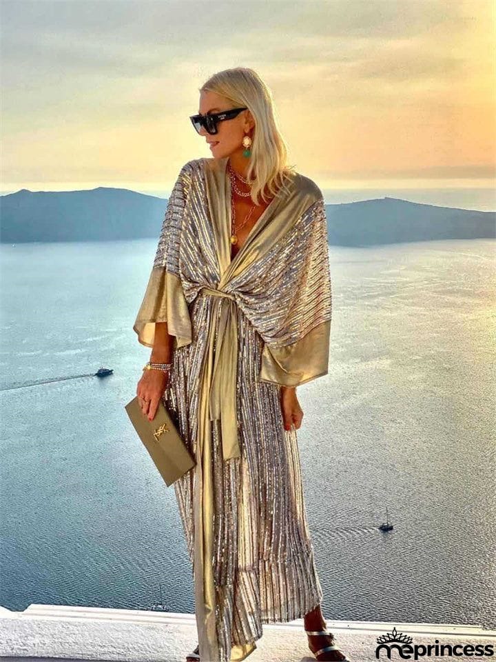 Spring and Summer Temperament Women's Sequin V-neck Cardigan Bat Sleeve Mid-waist Elegant Wind Party Vacation Dress