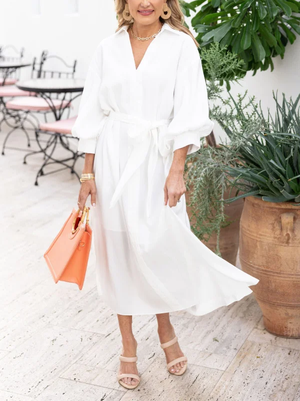 Puff Sleeve White Maxi Shirt Dress